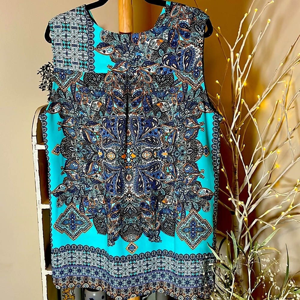 NWT Cynthia Rowley 2X Beautiful Aqua and jewel tones, sleeveless tunic. FLOWY! - Picture 6 of 6